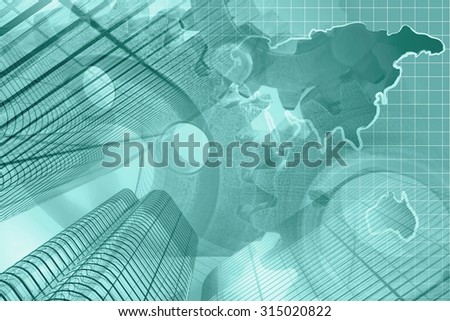Business background in greens with map, buildings and gears.