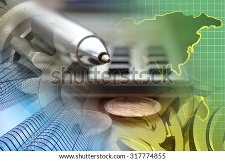 Financial background with money, calculator, map and pen.