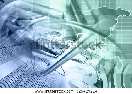 Business background with map, buildings, graph and pen, in greens and blues.