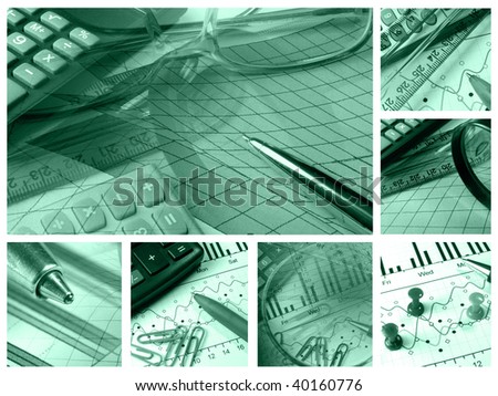 Business collage about analysis and accounting in greens.