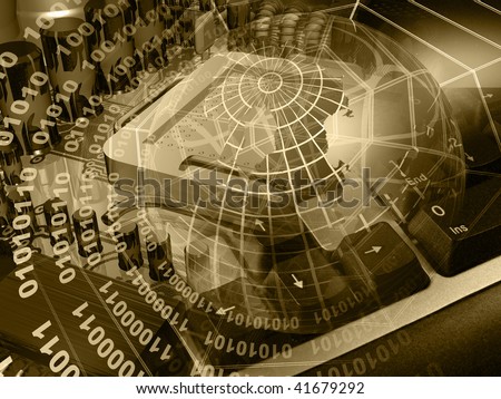 Cobweb, motherboard, keyboard and globe against space background (sepia).