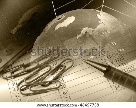 Pen and globe against the table - business collage (sepia).