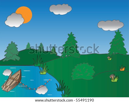 Stylized landscape with trees, river and fishing boat.