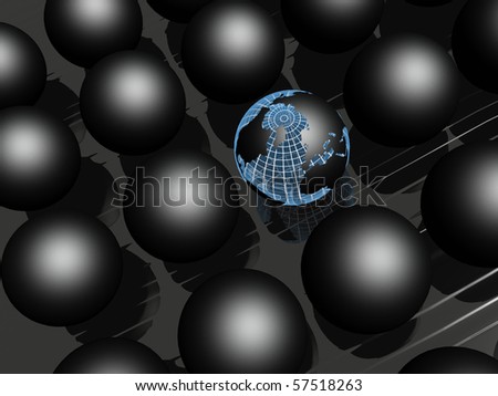 Earth ball and black balls on black reflective background.