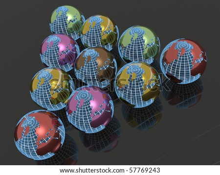 Colored earth balls on black reflective background.