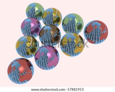 Colored earth balls on white reflective background.