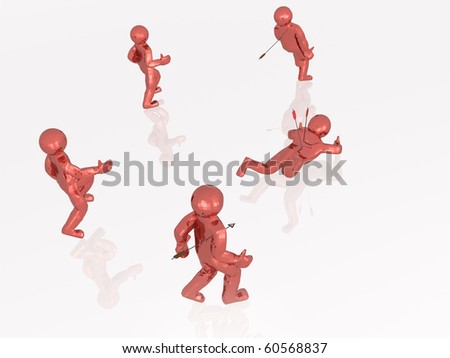 White reflective background with red mans protruded by arrows.