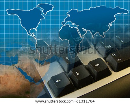 Computer collage - map, computer keyboard and globe.