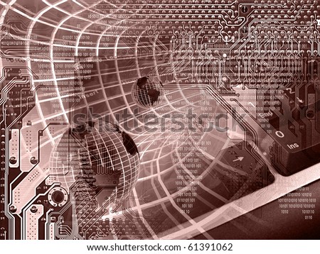 Communication - globes, digits and cobweb on electronic background.