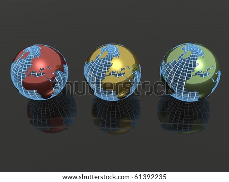 Three colored earth balls on black reflective background.