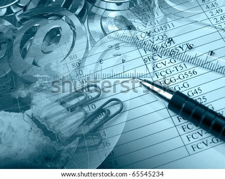 Business collage about reporting - pen, rulers and globe (blue).