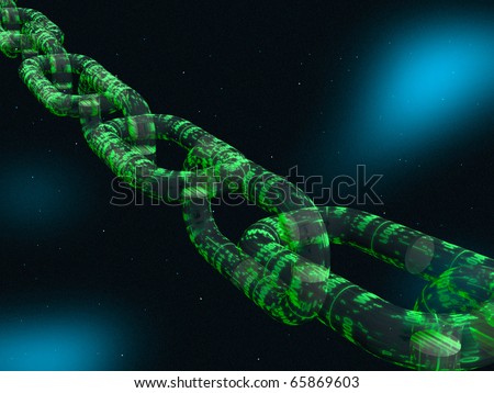 Chain with green digital links, space background.