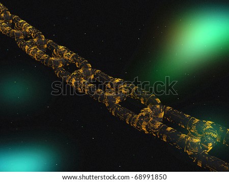 Chain with yellow digital links, space background.