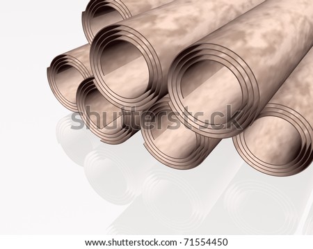 Parchment rolls, white reflection background.