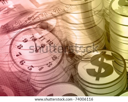 Graphic, magnifier, money and clock, collage about analysis in red.