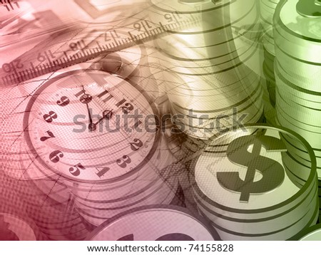 Graphic, magnifier, money and clock, collage about analysis in reds.