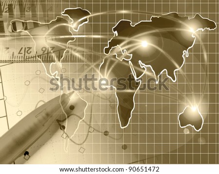 Graph, map and pen - abstract business background in sepia.