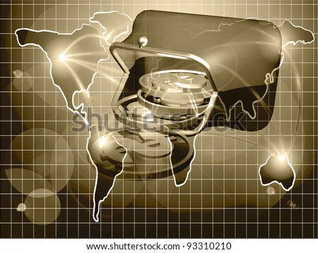 Money, map and magnet purse - abstract business background in sepia.