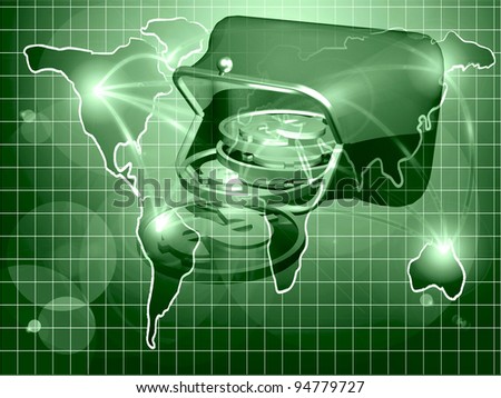 Money, map and magnet purse - abstract business background in greens.