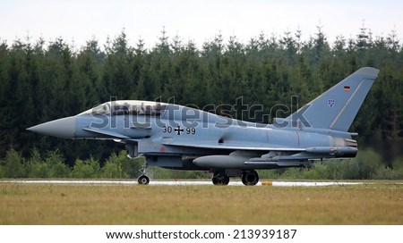 Air Force Base LAAGE, GERMANY - AUGUST 23: Eurofighter training jet after flight demonstration on 23 August, 2014 during the German Air Force Open Day at Tactical Air Force Wing 73 Steinhoff, Germany