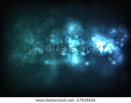 Blue horizontal bokeh-like blur design on dark background. Design has a lot of bokeh particles and lights