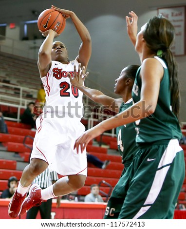 NEW YORK-NOV 3: St. John\'s Red Storm guard Keylantra Langley (20) shoots over the Farmingdale Rams at Carnesecca Arena on November 3, 2012 in Jamaica, Queens,  New York.