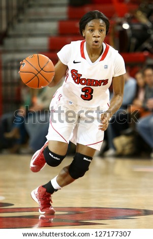 JAMAICA-FEB 2: St. John\'s Red Storm guard Aliyyah Handford (3) dribbles the ball against the Connecticut Huskies during the first half at Carnesecca Arena on February 2, 2013 in Jamaica, New York.