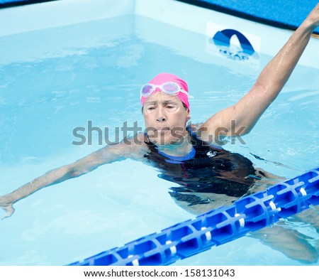 NEW YORK- OCT 8: Long-distance swimmer Diana Nyad attends Day 1 of \'Swim For Relief\' benefiting Hurricane Sandy Recovery at Herald Square on October 8, 2013 in New York City.