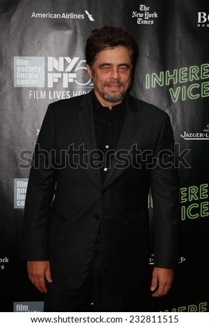 NEW YORK-OCT 4: Actor Benicio del Toro attends the \'Inherent Vice\' Centerpiece Gala Presentation & World Premiere at the New York Film Festival at Alice Tully Hall on October 4, 2014 in New York City.