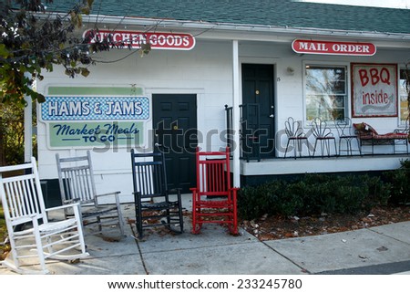NASHVILLE, TN-NOV 6, 2014: The Hams & Jams Country Market at The Loveless Motel and Cafe in Nashville, Tennessee. Known for southern style cooking and its biscuits, country ham, and red-eye gravy.