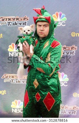 NEW YORK-AUG 11: Comedian Piff the Magic Dragon and his dog Mr Piffles attend the \'America\'s Got Talent\' season 10 taping at Radio City Music Hall on August 11, 2015 in New York City.