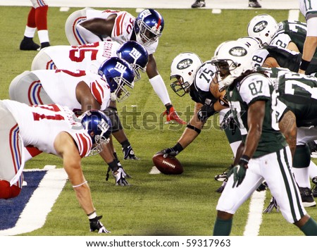 EAST RUTHERFORD, NJ - AUGUST 16: New York Jets players play against the New York Giants at MetLife Stadium on August 16, 2010 in East Rutherford, New Jersey.