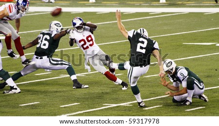 EAST RUTHERFORD, NJ - AUGUST 16: New York Jets Kicker Nick Folk in action against the New York Giants at MetLife stadium on August 16, 2010 in East Rutherford, New Jersey.