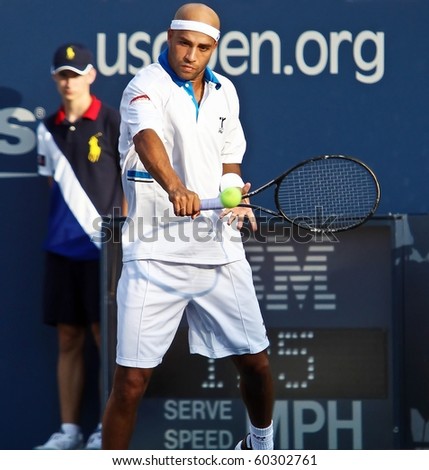 FLUSHING, NY - SEPTEMBER 2: James Blake volleys during his men\'s singles match at the US Open at the Billie Jean National Tennis Center on September 2, 2010 in Flushing, NY.