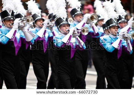 NEW YORK - NOVEMBER 25: A band marches in the 84th Macy\'s Thanksgiving Day Parade on November 25, 2010 in New York City.