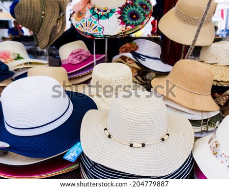 Handmade Panama Hats for sale. Panama hats for sale in a market stall. stall straw hats