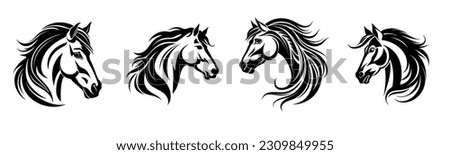 Set of horse's head vector silhouettes. Black tattoo illustration. Suitable for logo art.