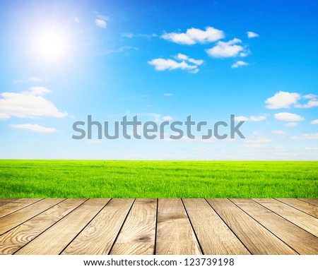 Beautiful summer green field with blue sky with grey clouds and bright sun and wooden planks on floor