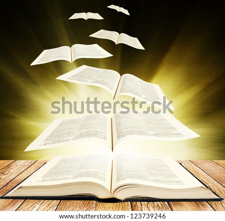 Open book on wooden planks and pages fly up on black background with brigth rays
