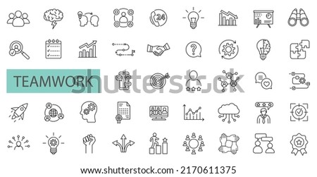 Set of 42 business teamwork icons, team building, work group and human resources. Outline icons collection. Line style - vector illustration