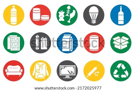 Set of various garbage. Recycling vector icons. Sorting Garbage. Fill icon signs of trash types for recycle in color circle on white background