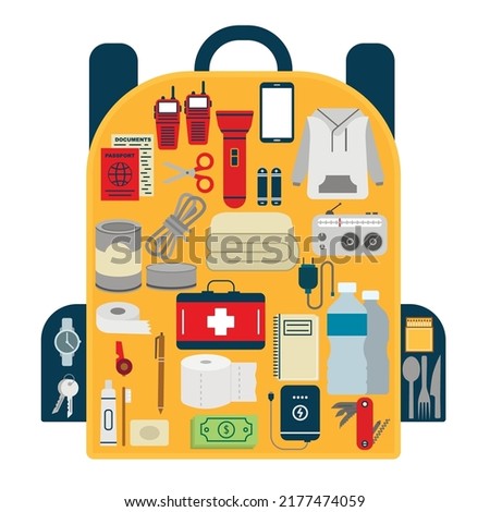 Backpack with survival kit objects.  survival emergency kit for evacuation or disasters inside the backpack
