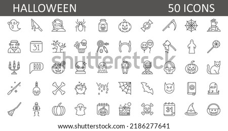 set of 50 halloween icons. outline thin line icons. Collection of perfectly thin icons for web design, app, poster, flyer and modern projects