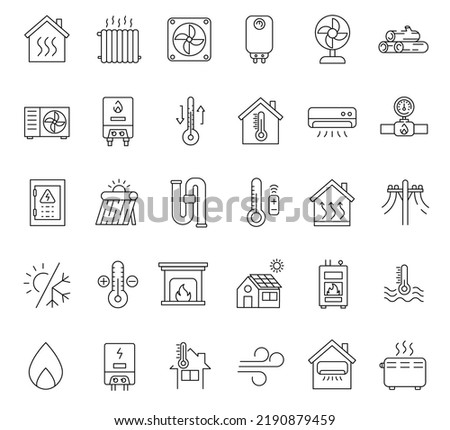Set of 30 Heating and Cooling Line Icons. Home heating system, heater, solid fuel, ventilation 