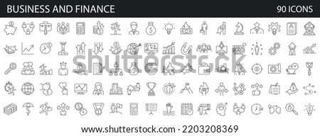 Set of 90 business teamwork finance icons, team building, work group and human resources. Outline icons collection. Line style - vector illustration