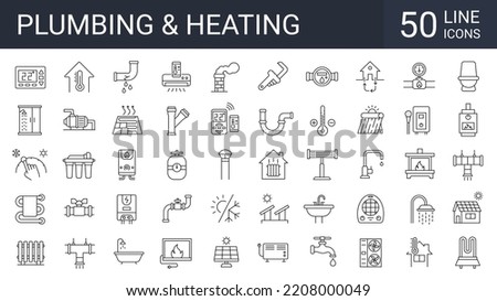 Set of 50 heating, plumbing, ventilation, conditioning line icons. Home renovation, improvement and repair. Editable stroke

