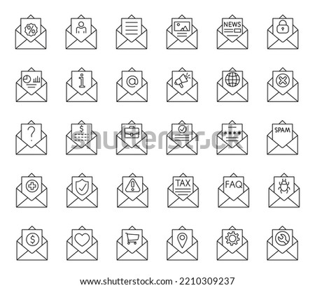 Set of 30 line letter icons of envelope with different attachment. Mail and Letter outline style icons.