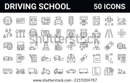 Set of 50 driving school line icons. Editable stroke. 