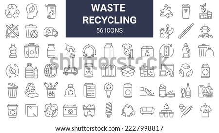 Set of 56 recycling waste line icons. Garbage disposal. Trash separation, waste sorting with further recycling. Editable stroke