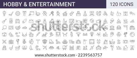 Set of 120 hobby, entertainment, lifestyle line icons. Collection of thin outline icons.Vector illustration. Editable stroke